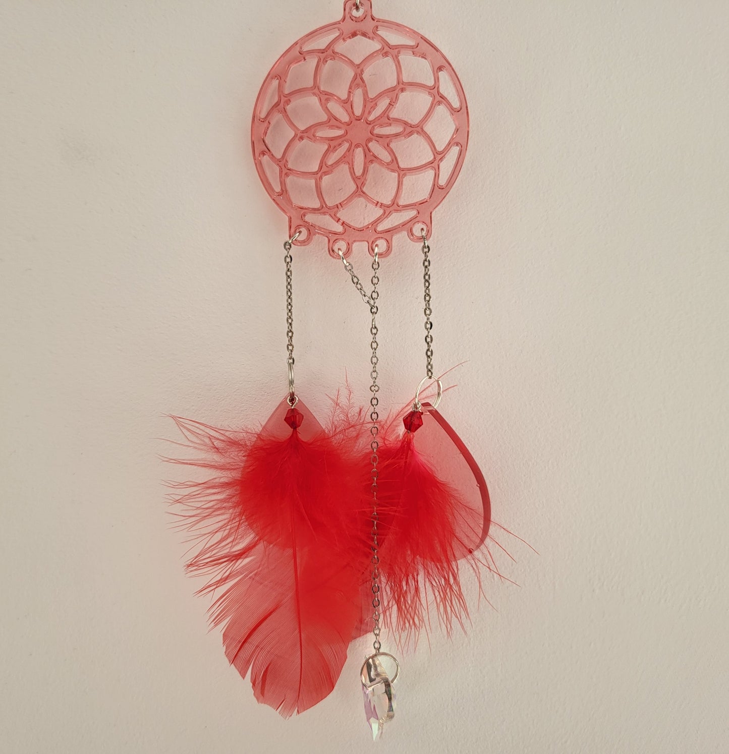 DÉCORATION " 2 EN 1 " DREAMCATCHER + SUNCATCHER TONS ROUGES + FLEUR HIBISCUS - (ATTRAPE-RÊVES avec un ATTRAPE SOLEIL) UNIQUE, ARTISANAL & ORIGINAL