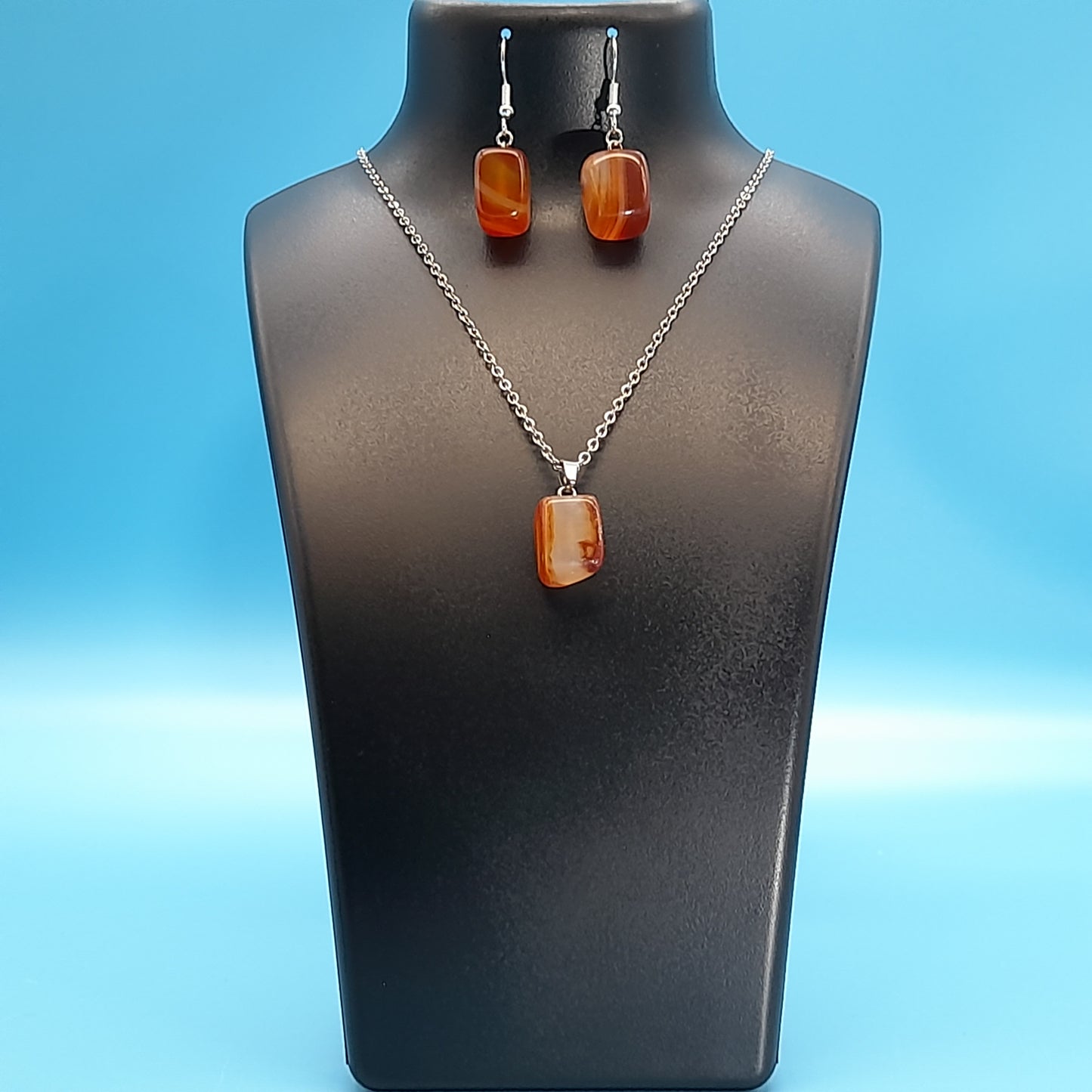 2 PARURES EN PIERRE AGATE ORANGE : COLLIER 7 PERLES OU PENDENTIF + BOUCLES D’OREILLES - BIJOUX ARTISANAUX, UNIQUES & ORIGINAUX