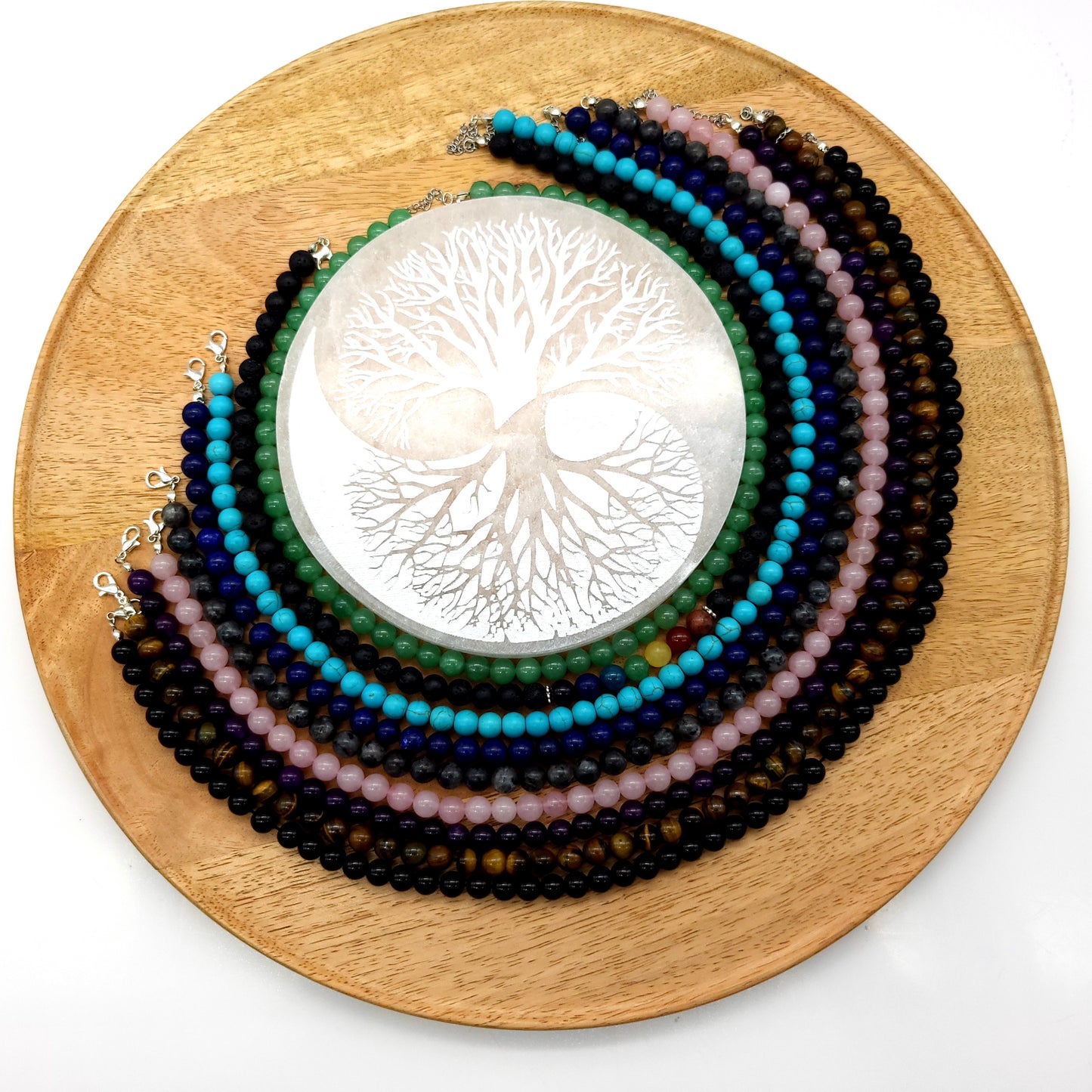 GRAND COLLIER COMPLET DE PERLES RONDES EN PIERRE DE LABRADORITE GRISE - BIJOU ARTISANAL & UNIQUE