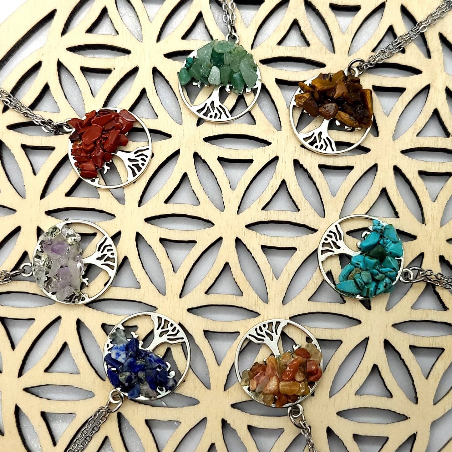 DIVERS COLLIERS + PENDENTIFS ARBRES DE VIE EN PIERRE OEIL DU TIGRE - BIJOUX ARTISANAUX, UNIQUES & ORIGINAUX