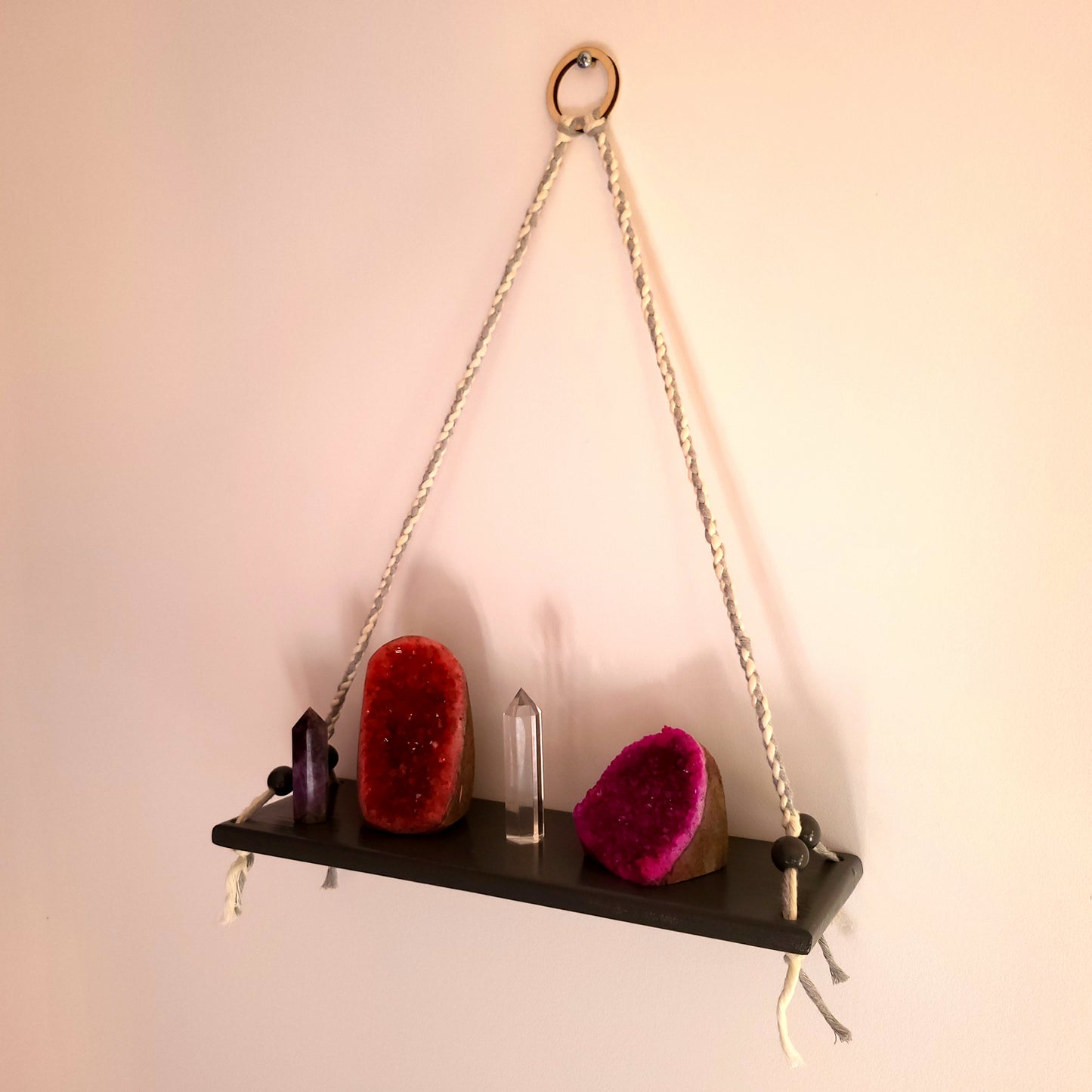 ÉTAGÈRES BALANÇOIRES GRISES EN MACRAMÉ + BOIS - ORIGINALES, UNIQUES, ARTISANALES