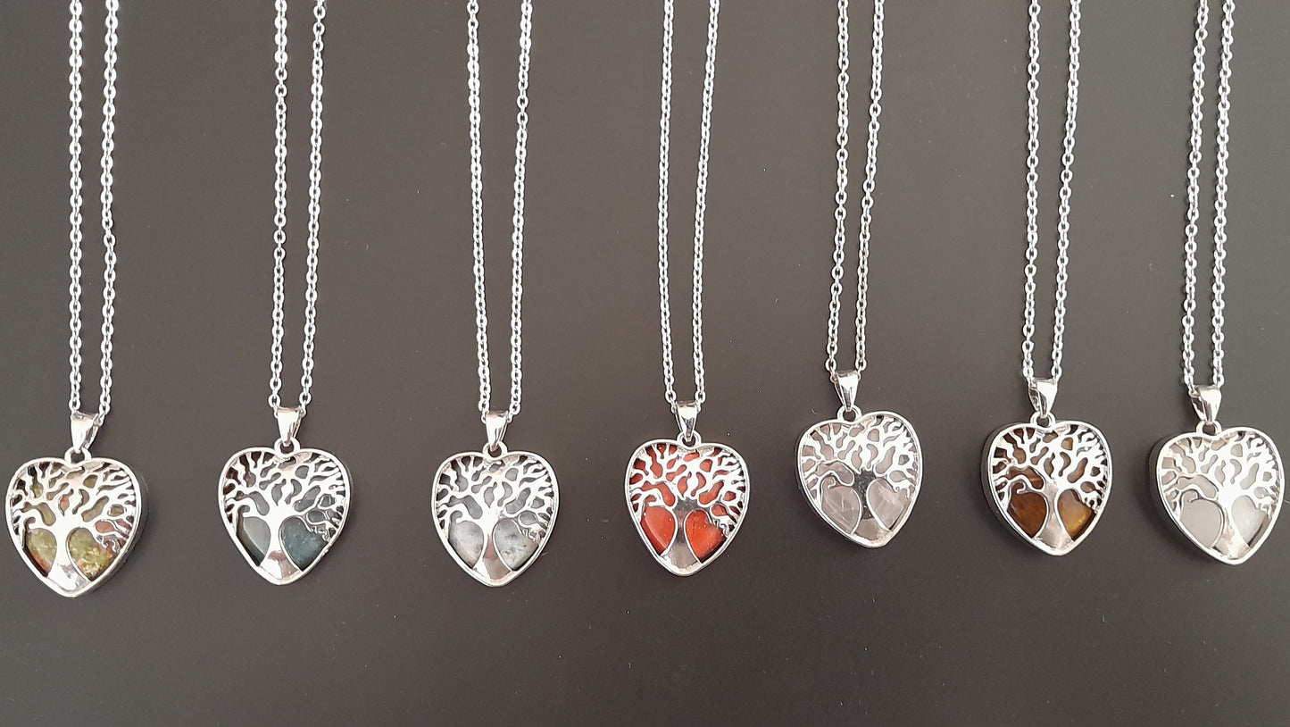 COLLIERS + PENDENTIFS COEURS + ARBRES DE VIE EN PIERRE DE CRISTAL DE ROCHE - BIJOUX ARTISANAUX, UNIQUES & ORIGINAUX