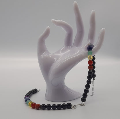 BRACELETS DE PERLES RONDES EN PIERRES ONYX NOIR + 7 CHAKRAS - 2 TAILLES AU CHOIX - BIJOUX ARTISANAUX, UNIQUES & ORIGINAUX