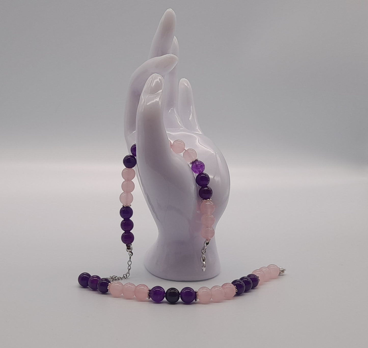 BRACELETS EN DUO DE PERLES RONDES EN PIERRES DE QUARTZ ROSE + AMÉTHYSTE - 2 TAILLES AU CHOIX - BIJOUX ARTISANAUX, UNIQUES & ORIGINAUX