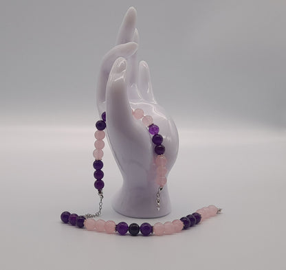 BRACELETS EN DUO DE PERLES RONDES EN PIERRES DE QUARTZ ROSE + AMÉTHYSTE - 2 TAILLES AU CHOIX - BIJOUX ARTISANAUX, UNIQUES & ORIGINAUX