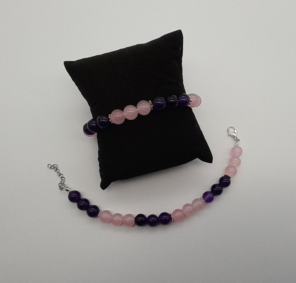 BRACELETS EN DUO DE PERLES RONDES EN PIERRES DE QUARTZ ROSE + AMÉTHYSTE - 2 TAILLES AU CHOIX - BIJOUX ARTISANAUX, UNIQUES & ORIGINAUX