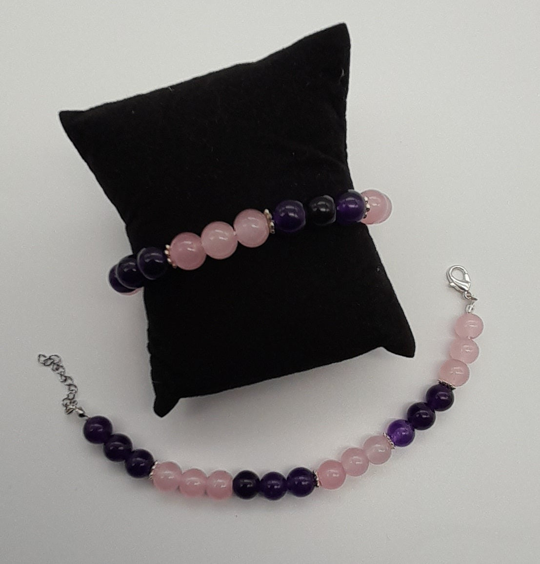 BRACELETS EN DUO DE PERLES RONDES EN PIERRES DE QUARTZ ROSE + AMÉTHYSTE - 2 TAILLES AU CHOIX - BIJOUX ARTISANAUX, UNIQUES & ORIGINAUX