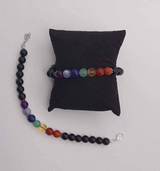 BRACELETS DE PERLES RONDES EN PIERRES ONYX NOIR + 7 CHAKRAS - 2 TAILLES AU CHOIX - BIJOUX ARTISANAUX, UNIQUES & ORIGINAUX