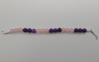 BRACELETS EN DUO DE PERLES RONDES EN PIERRES DE QUARTZ ROSE + AMÉTHYSTE - 2 TAILLES AU CHOIX - BIJOUX ARTISANAUX, UNIQUES & ORIGINAUX