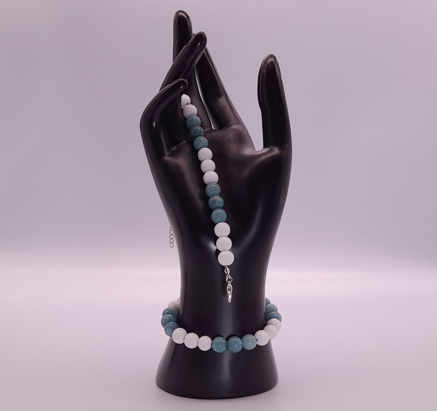 BRACELETS EN DUO DE PERLES RONDES EN PIERRES AIGUE MARINE + ONYX BLANC - 2 TAILLES AU CHOIX - BIJOUX ARTISANAUX, UNIQUES & ORIGINAUX