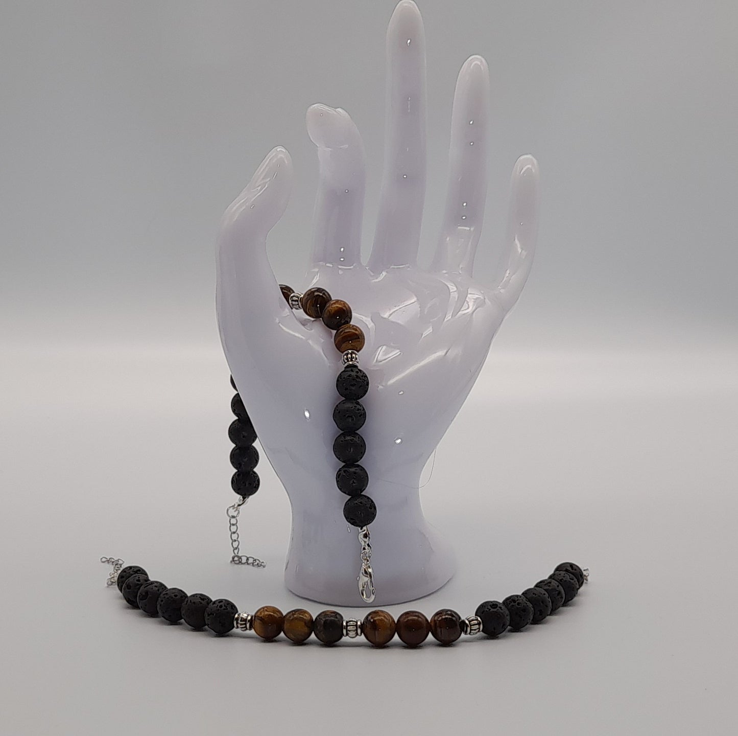 BRACELETS DE PERLES RONDES EN PIERRES DE LAVE + OEIL DU TIGRE - 2 TAILLES AU CHOIX - BIJOUX ARTISANAUX, UNIQUES & ORIGINAUX