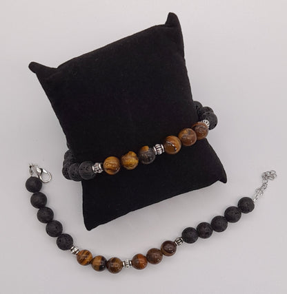 BRACELETS DE PERLES RONDES EN PIERRES DE LAVE + OEIL DU TIGRE - 2 TAILLES AU CHOIX - BIJOUX ARTISANAUX, UNIQUES & ORIGINAUX