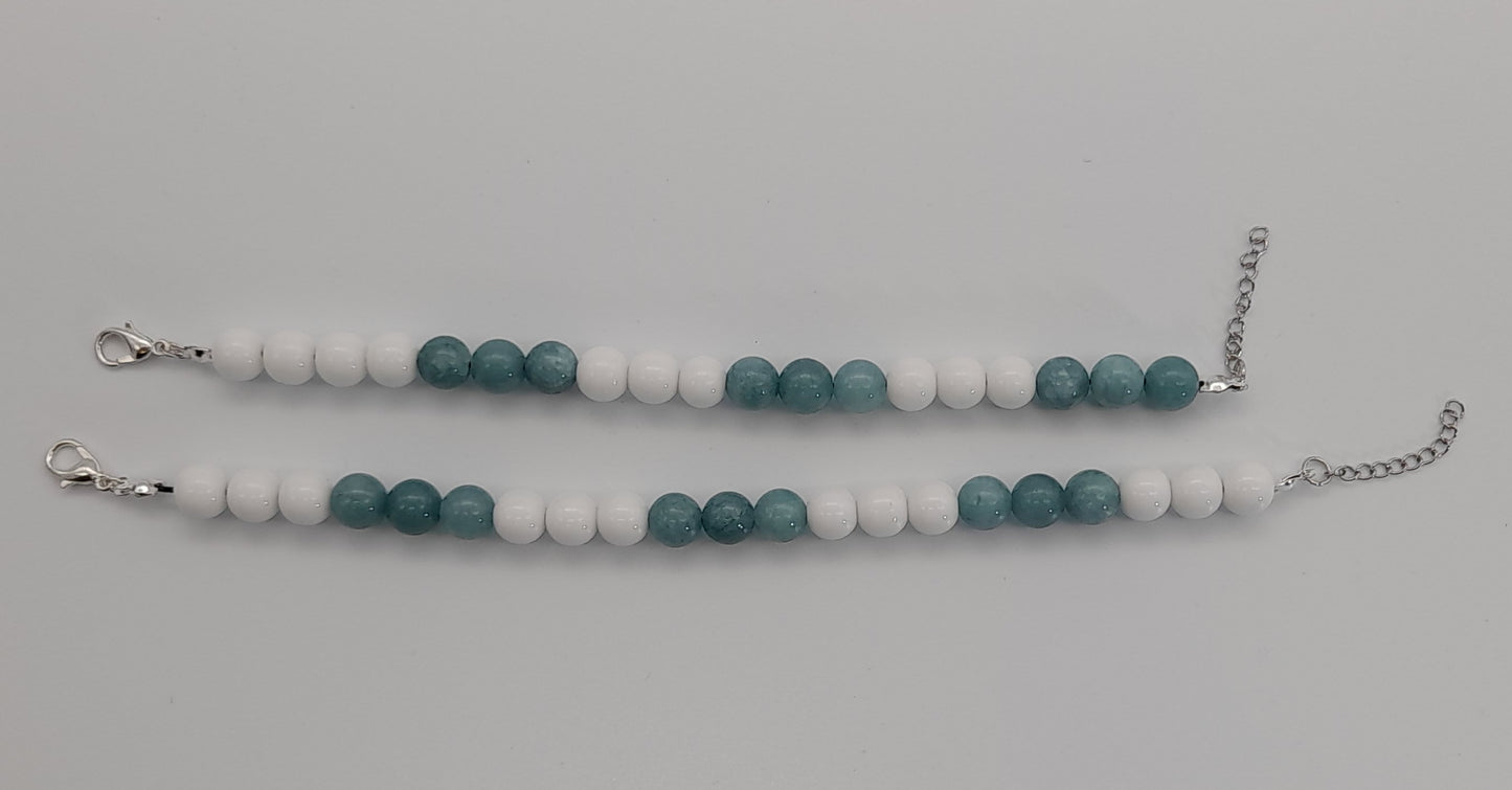 BRACELETS EN DUO DE PERLES RONDES EN PIERRES AIGUE MARINE + ONYX BLANC - 2 TAILLES AU CHOIX - BIJOUX ARTISANAUX, UNIQUES & ORIGINAUX