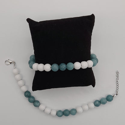BRACELETS EN DUO DE PERLES RONDES EN PIERRES AIGUE MARINE + ONYX BLANC - 2 TAILLES AU CHOIX - BIJOUX ARTISANAUX, UNIQUES & ORIGINAUX