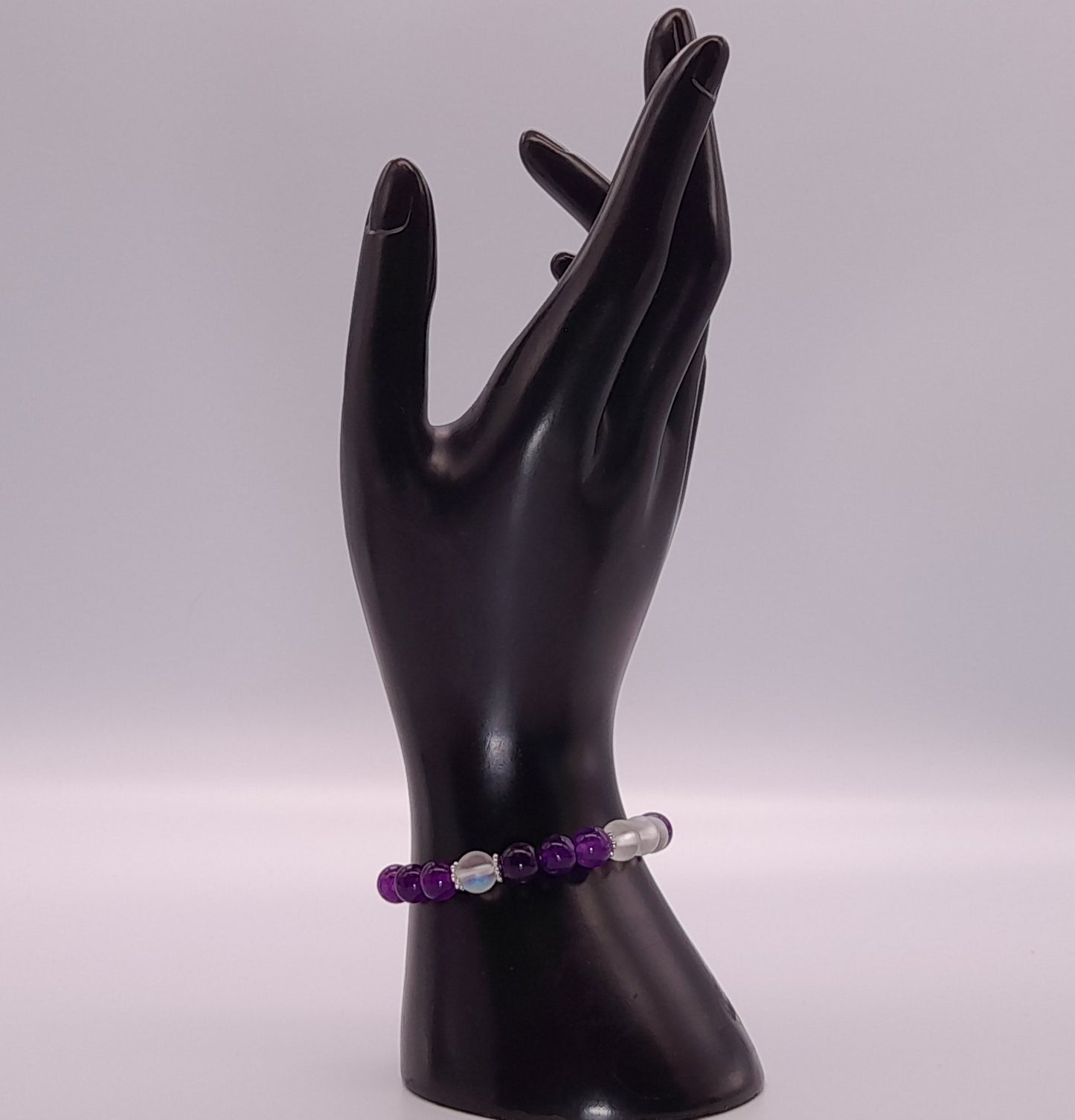 BRACELETS EN DUO DE PERLES RONDES EN PIERRES DE LUNE + AMÉTHYSTE - 2 TAILLES AU CHOIX - BIJOUX ARTISANAUX, UNIQUES & ORIGINAUX