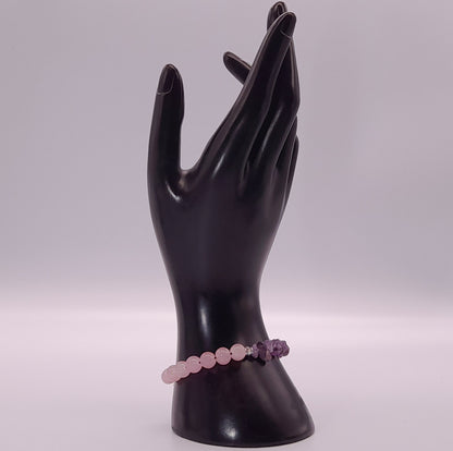 BRACELETS EN DUO DE PERLES RONDES EN PIERRES QUARTZ ROSE + AMÉTHYSTE - 2 TAILLES AU CHOIX - BIJOUX ARTISANAUX, UNIQUES & ORIGINAUX