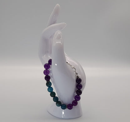 BRACELETS EN DUO DE PERLES RONDES EN PIERRES AMÉTHYSTE + APATITE BLEUE - 2 TAILLES AU CHOIX - BIJOUX ARTISANAUX, UNIQUES & ORIGINAUX