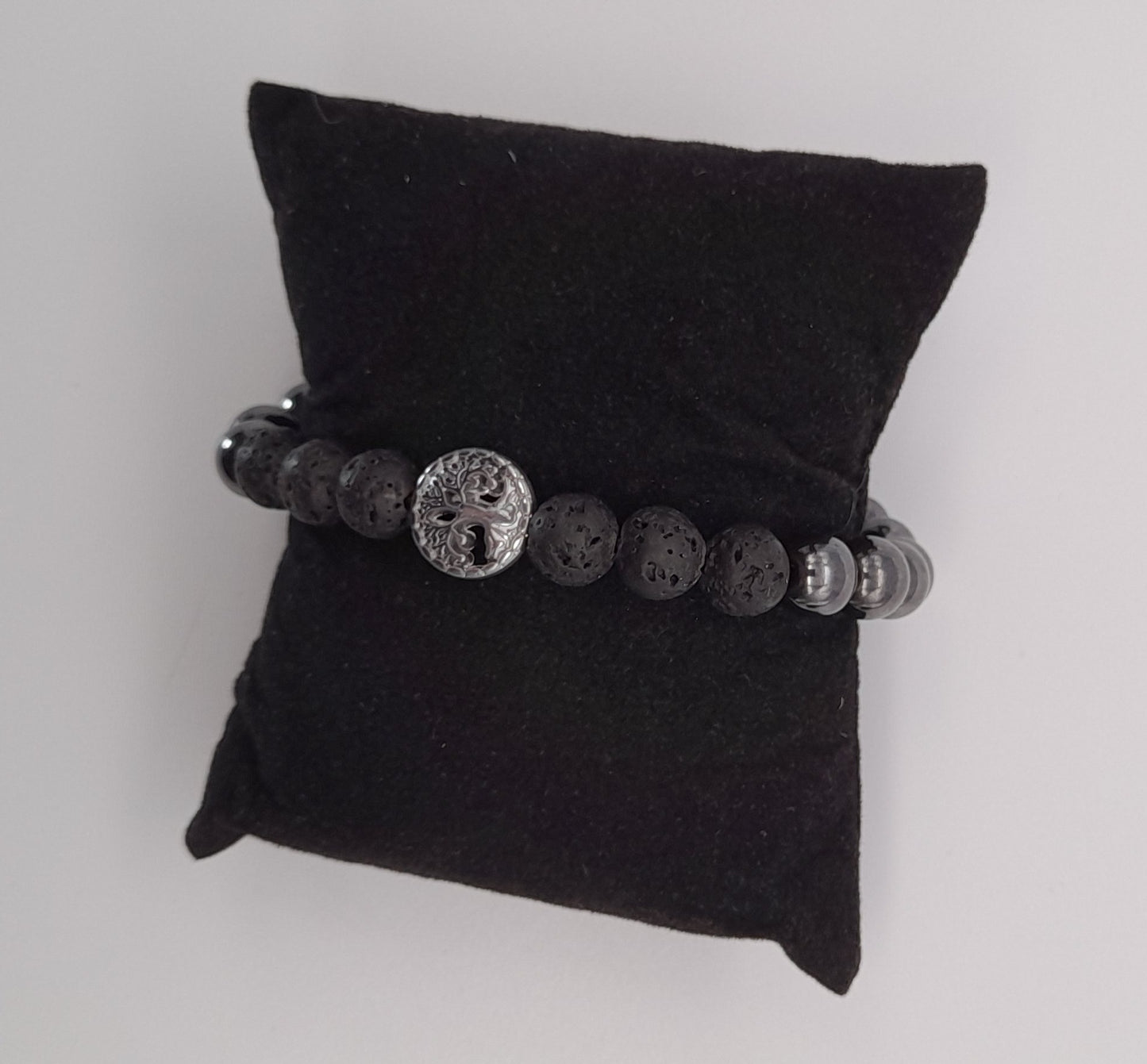 BRACELETS ARBRE DE VIE EN TRIO DE PERLES RONDES EN PIERRES HÉMATITE + PIERRE DE LAVE - 2 TAILLES AU CHOIX - BIJOUX ARTISANAUX, UNIQUES & ORIGINAUX