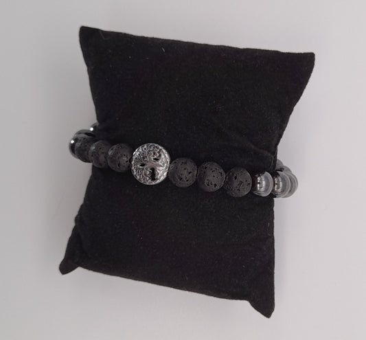 BRACELETS ARBRE DE VIE EN TRIO DE PERLES RONDES EN PIERRES HÉMATITE + PIERRE DE LAVE - 2 TAILLES AU CHOIX - BIJOUX ARTISANAUX, UNIQUES & ORIGINAUX
