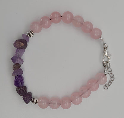 BRACELETS EN DUO DE PERLES RONDES EN PIERRES QUARTZ ROSE + AMÉTHYSTE - 2 TAILLES AU CHOIX - BIJOUX ARTISANAUX, UNIQUES & ORIGINAUX