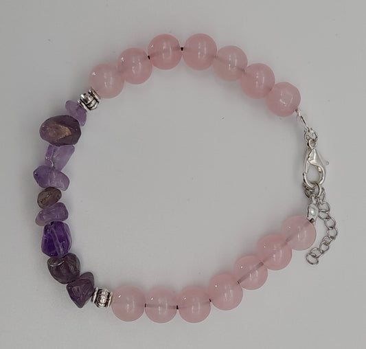 BRACELETS EN DUO DE PERLES RONDES EN PIERRES QUARTZ ROSE + AMÉTHYSTE - 2 TAILLES AU CHOIX - BIJOUX ARTISANAUX, UNIQUES & ORIGINAUX