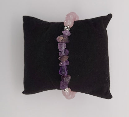 BRACELETS EN DUO DE PERLES RONDES EN PIERRES QUARTZ ROSE + AMÉTHYSTE - 2 TAILLES AU CHOIX - BIJOUX ARTISANAUX, UNIQUES & ORIGINAUX