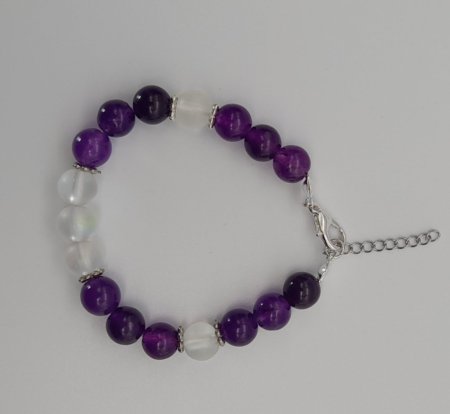 BRACELETS EN DUO DE PERLES RONDES EN PIERRES DE LUNE + AMÉTHYSTE - 2 TAILLES AU CHOIX - BIJOUX ARTISANAUX, UNIQUES & ORIGINAUX