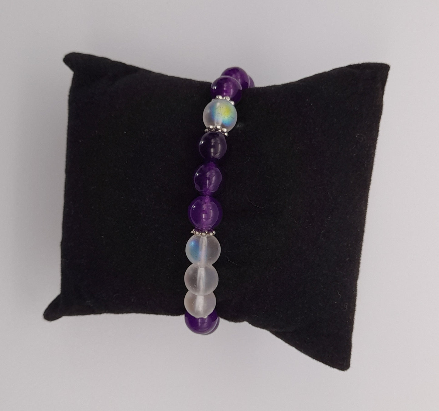 BRACELETS EN DUO DE PERLES RONDES EN PIERRES DE LUNE + AMÉTHYSTE - 2 TAILLES AU CHOIX - BIJOUX ARTISANAUX, UNIQUES & ORIGINAUX