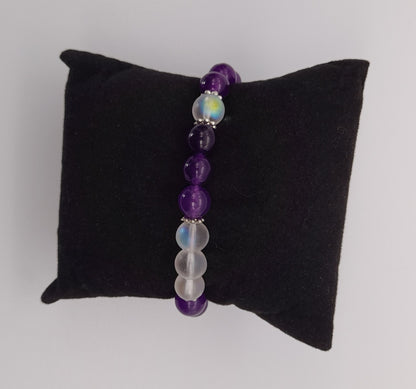 BRACELETS EN DUO DE PERLES RONDES EN PIERRES DE LUNE + AMÉTHYSTE - 2 TAILLES AU CHOIX - BIJOUX ARTISANAUX, UNIQUES & ORIGINAUX