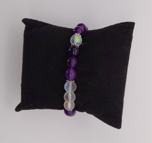 BRACELETS EN DUO DE PERLES RONDES EN PIERRES DE LUNE + AMÉTHYSTE - 2 TAILLES AU CHOIX - BIJOUX ARTISANAUX, UNIQUES & ORIGINAUX