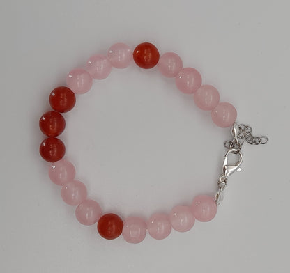 BRACELETS EN DUO DE PERLES RONDES EN PIERRES DE QUARTZ ROSE + CORNALINE - 2 TAILLES AU CHOIX - BIJOUX ARTISANAUX, UNIQUES & ORIGINAUX