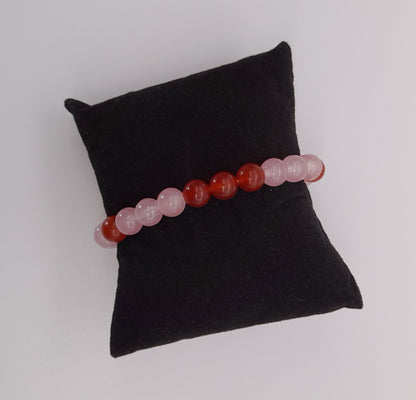 BRACELETS EN DUO DE PERLES RONDES EN PIERRES DE QUARTZ ROSE + CORNALINE - 2 TAILLES AU CHOIX - BIJOUX ARTISANAUX, UNIQUES & ORIGINAUX