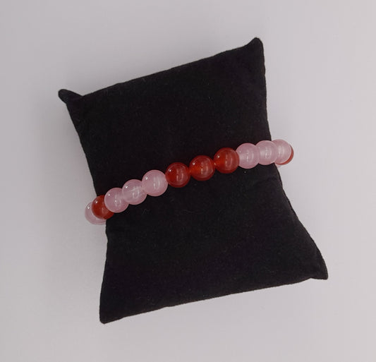 BRACELETS EN DUO DE PERLES RONDES EN PIERRES DE QUARTZ ROSE + CORNALINE - 2 TAILLES AU CHOIX - BIJOUX ARTISANAUX, UNIQUES & ORIGINAUX
