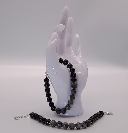 BRACELETS EN DUO DE PERLES RONDES EN PIERRES DE LABRADORITE GRISE + ONYX NOIR - 2 TAILLES AU CHOIX - BIJOUX ARTISANAUX, UNIQUES & ORIGINAUX