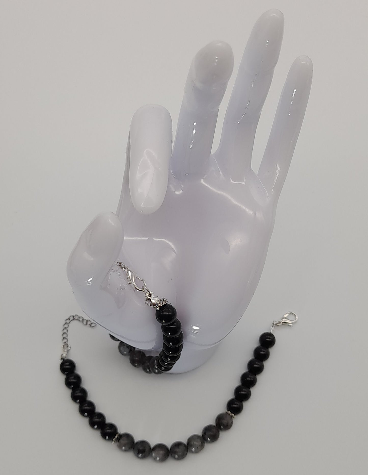 BRACELETS EN DUO DE PERLES RONDES EN PIERRES DE LABRADORITE GRISE + ONYX NOIR - 2 TAILLES AU CHOIX - BIJOUX ARTISANAUX, UNIQUES & ORIGINAUX