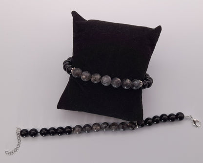 BRACELETS EN DUO DE PERLES RONDES EN PIERRES DE LABRADORITE GRISE + ONYX NOIR - 2 TAILLES AU CHOIX - BIJOUX ARTISANAUX, UNIQUES & ORIGINAUX