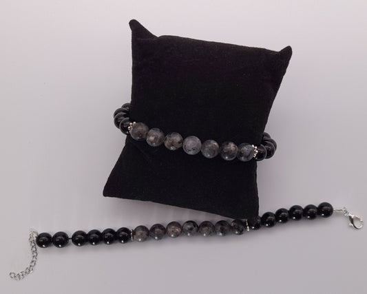 BRACELETS EN DUO DE PERLES RONDES EN PIERRES DE LABRADORITE GRISE + ONYX NOIR - 2 TAILLES AU CHOIX - BIJOUX ARTISANAUX, UNIQUES & ORIGINAUX