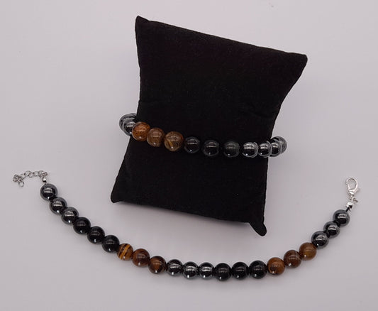 BRACELETS TRIPLE PROTECTION DE PERLES RONDES EN PIERRES OEIL DU TIGRE, HÉMATITE + OBSIDIENNE - 2 TAILLES AU CHOIX - BIJOUX ARTISANAUX, UNIQUES & ORIGINAUX