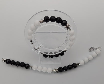 BRACELETS YIN & YANG OU TORTUE EN DUO DE PERLES RONDES EN ONYX NOIR & BLANC - 2 TAILLES AU CHOIX - BIJOUX ARTISANAUX, UNIQUES & ORIGINAUX
