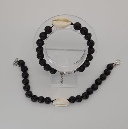 BRACELETS DE PERLES RONDES EN PIERRE DE LAVE + CAURIS (coquillage) - 2 TAILLES AU CHOIX - BIJOUX ARTISANAUX, UNIQUES & ORIGINAUX