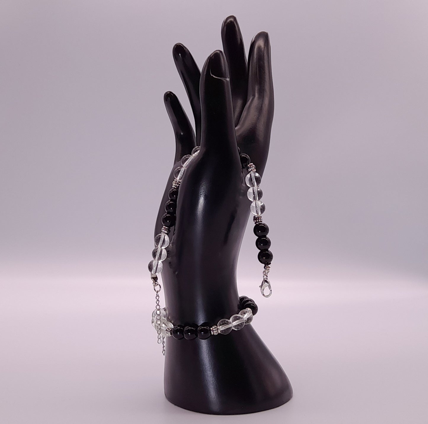 BRACELETS EN DUO DE PERLES RONDES EN PIERRES ONYX NOIR + CRISTAL DE ROCHE - 2 TAILLES AU CHOIX - BIJOUX ARTISANAUX, UNIQUES & ORIGINAUX