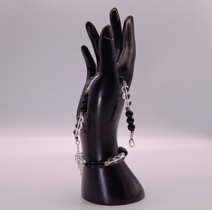 BRACELETS EN DUO DE PERLES RONDES EN PIERRES ONYX NOIR + CRISTAL DE ROCHE - 2 TAILLES AU CHOIX - BIJOUX ARTISANAUX, UNIQUES & ORIGINAUX