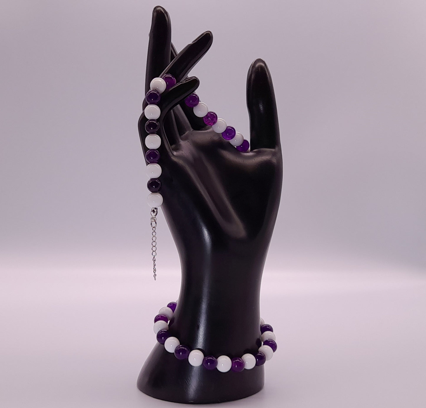 BRACELETS EN DUO DE PERLES RONDES EN PIERRES AMÉTHYSTE + ONYX BLANC - 2 TAILLES AU CHOIX - BIJOUX ARTISANAUX, UNIQUES & ORIGINAUX