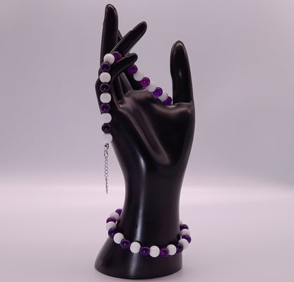 BRACELETS EN DUO DE PERLES RONDES EN PIERRES AMÉTHYSTE + ONYX BLANC - 2 TAILLES AU CHOIX - BIJOUX ARTISANAUX, UNIQUES & ORIGINAUX