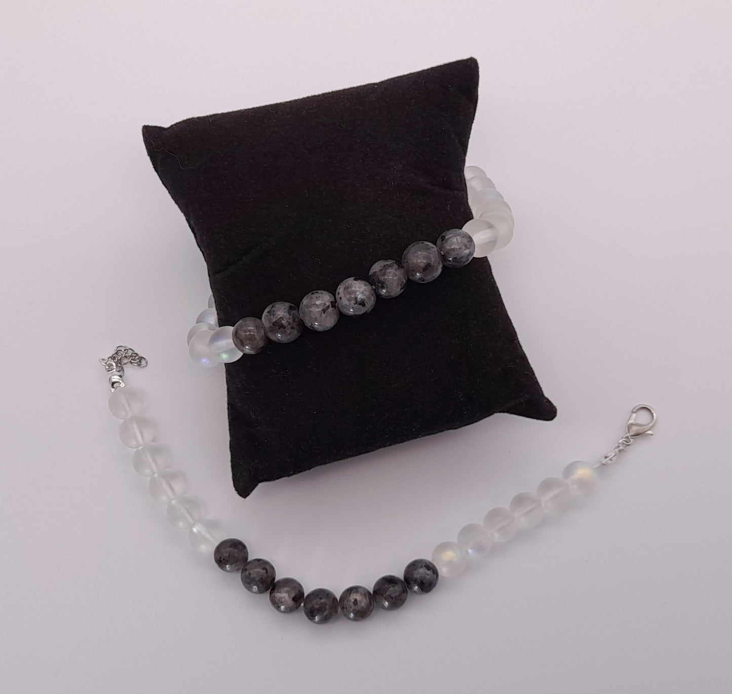 BRACELETS EN DUO DE PERLES RONDES EN PIERRES DE LUNE + LABRADORITE - 2 TAILLES AU CHOIX - BIJOUX ARTISANAUX, UNIQUES & ORIGINAUX