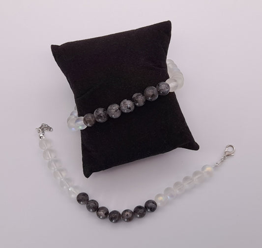 BRACELETS EN DUO DE PERLES RONDES EN PIERRES DE LUNE + LABRADORITE - 2 TAILLES AU CHOIX - BIJOUX ARTISANAUX, UNIQUES & ORIGINAUX