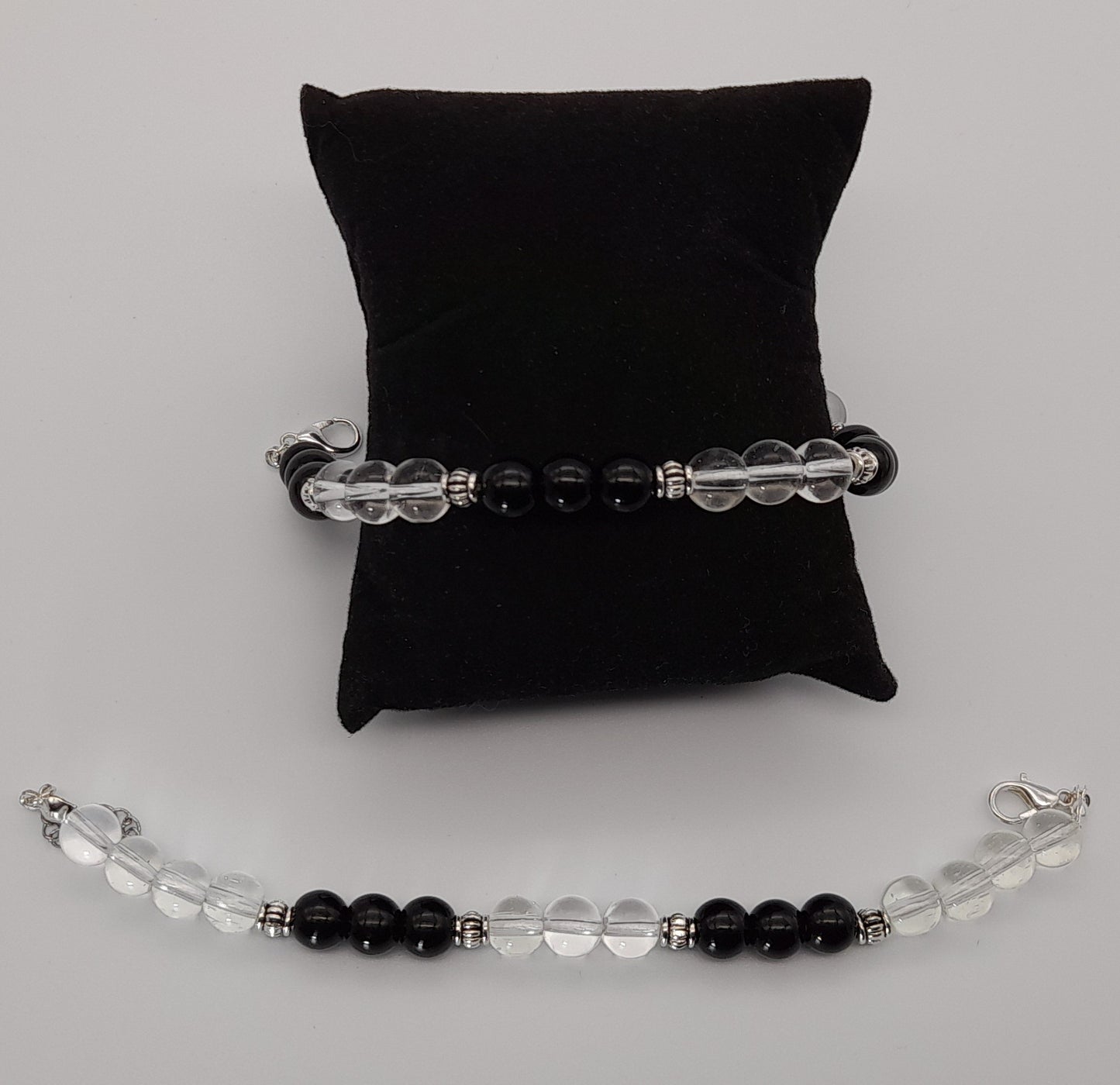 BRACELETS EN DUO DE PERLES RONDES EN PIERRES ONYX NOIR + CRISTAL DE ROCHE - 2 TAILLES AU CHOIX - BIJOUX ARTISANAUX, UNIQUES & ORIGINAUX