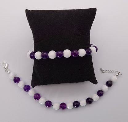 BRACELETS EN DUO DE PERLES RONDES EN PIERRES AMÉTHYSTE + ONYX BLANC - 2 TAILLES AU CHOIX - BIJOUX ARTISANAUX, UNIQUES & ORIGINAUX