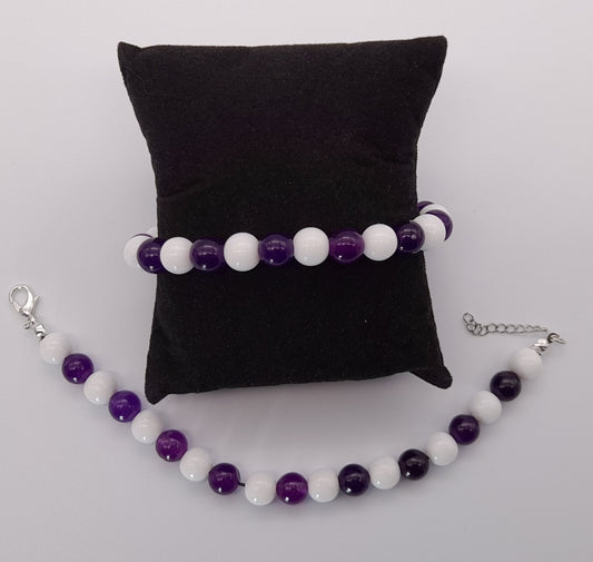 BRACELETS EN DUO DE PERLES RONDES EN PIERRES AMÉTHYSTE + ONYX BLANC - 2 TAILLES AU CHOIX - BIJOUX ARTISANAUX, UNIQUES & ORIGINAUX
