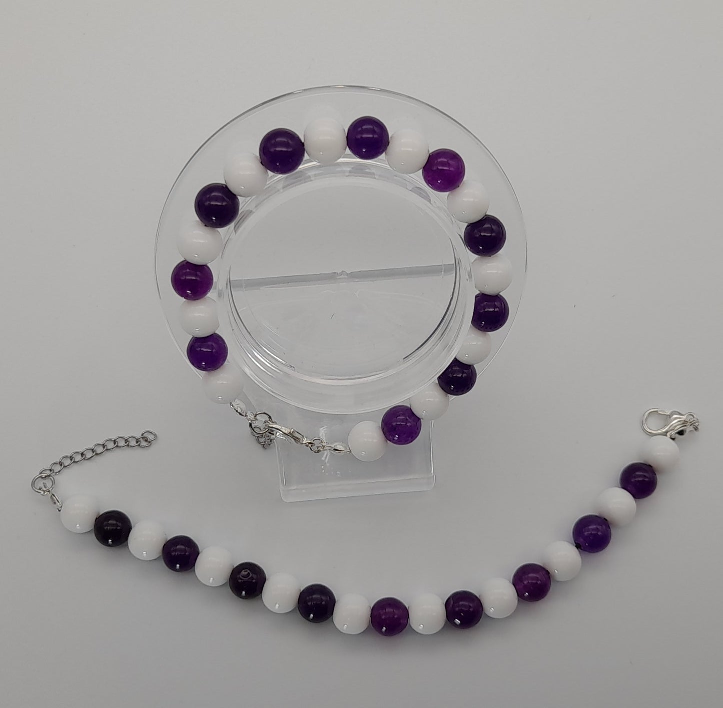 BRACELETS EN DUO DE PERLES RONDES EN PIERRES AMÉTHYSTE + ONYX BLANC - 2 TAILLES AU CHOIX - BIJOUX ARTISANAUX, UNIQUES & ORIGINAUX